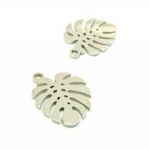 Ps11855667 pax 2 pendentifs, feuille monstera 15.5mm en acier inoxydable 304 coloris argenté, pour bijoux raffinés