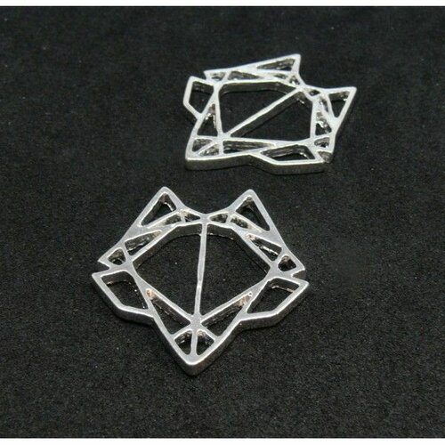 Ps110089878 pax 4 pendentifs, breloque 24mm tete renard origami  métal finition argent vif
