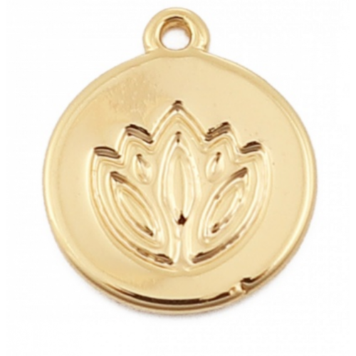Ps110119966 pax 1 pendentif médaillon fleur de lotus, yoga - 10mm - cuivre plaqué or 18kt