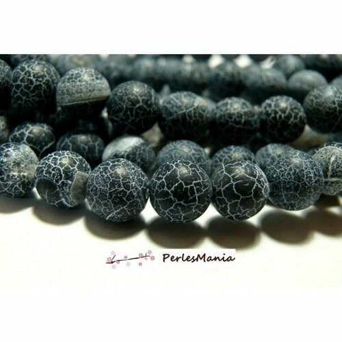H589 lot 1 fil d'environ 64 perles rondes - agate veine de dragon - noir mat givré 6mm - couleur 07