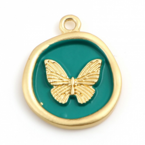 Ps11827571 pax 2 pendentifs papillon dans médaillon 22x18mm style émaillé vert pétrole sur métal doré mate