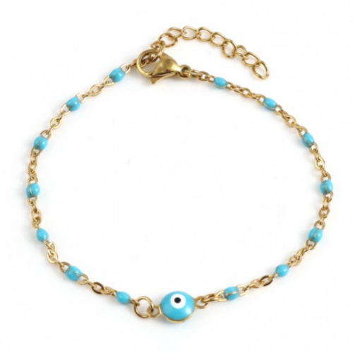 Ps11753528 pax 1 bracelet - œil de la protection, grigri  émaillé bleu turquoise 17,5 cm- en acier inoxydable 304 -finition doré