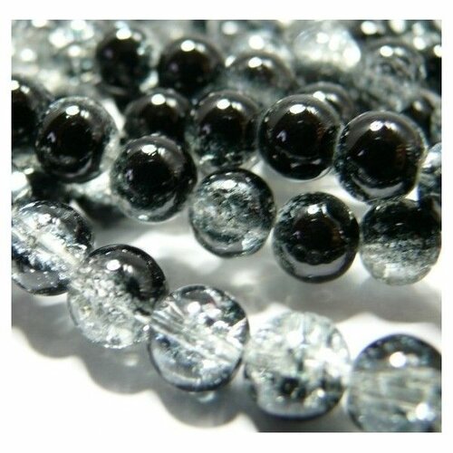 Hq002 lot 1 fil environ 100 perles de verre ronde 8 mm craquelée bicolore noir et blanc coloris 11