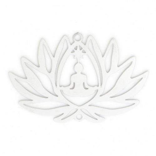 Ps11870731 pax de 4 estampes pendentif connecteur filigrane yoga, bouddha fleur de lotus 38mm métal couleur argent platine