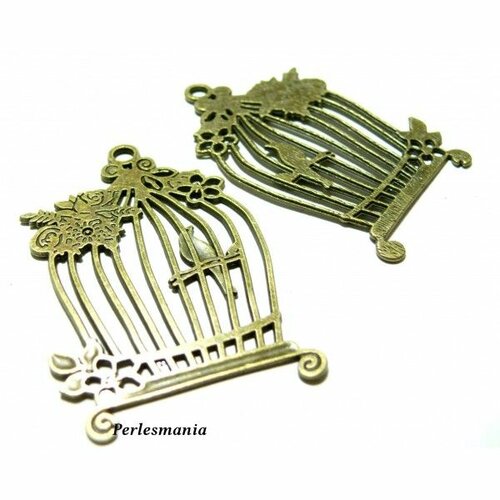 Ref 2d1775 pax 2 pendentifs cage oiseaux métal coloris bronze
