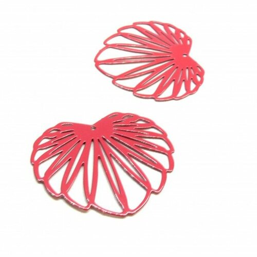 Ae117110 lot de 2 estampes - pendentif filigrane feuille de lotus 35 par 32mm - laiton coloris rose bonbon