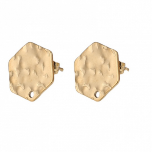 Ps11875750 pax 2 boucles d'oreille puce hexagonale avec trou martelé 12 mm acier inoxydable coloris doré vendu avec embouts