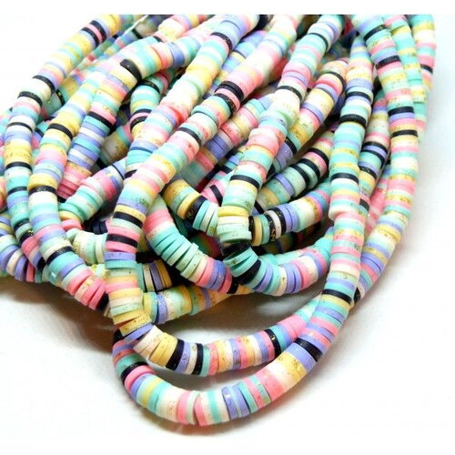 H11n008009 lot 1 fil d environ 380 perles rondelles heishi en pâte polymère 6 par 1mm multicolores avec paillettes dorées