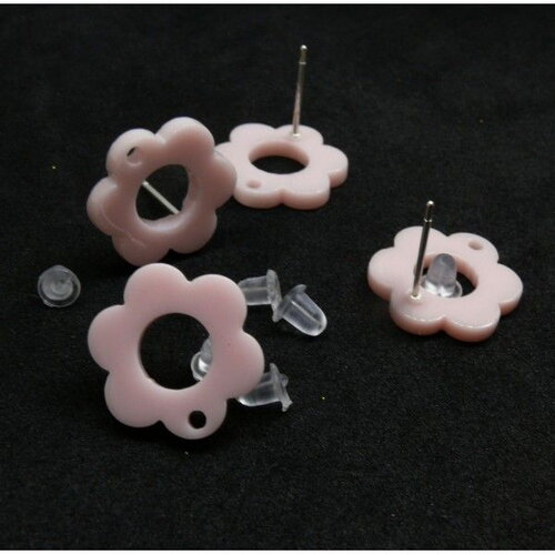 Ps11892852 pax 4 boucles d'oreille puce  fleur 14 mm en acrylique avec trou d'attache et embouts plastique diy coloris rose