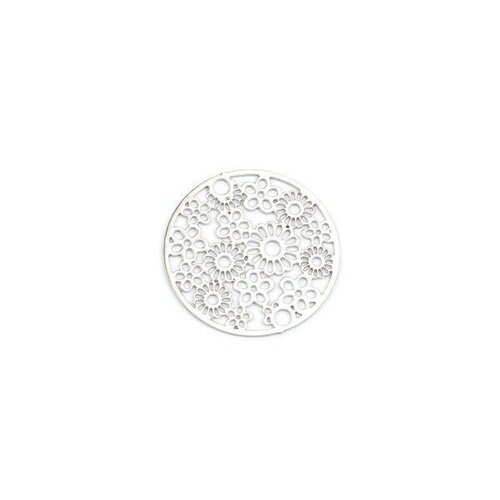 Ps110216302 pax de 4 estampes - connecteur - filigrane - medaillon - multi fleurs 20mm métal couleur argent platine
