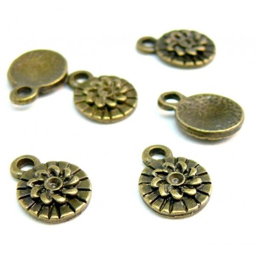 H1120418 - pax 20 pendentifs breloque fleur 10mm métal couleur bronze