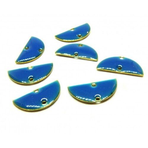Lot de 2 connecteurs sequins, médaillons style résine émaillée , biface demi cercle 20mm cuivre coloris bleu