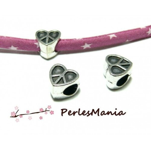 P701 - 4 pendentifs perles intercalaire large coeur peace 10mm  vieil argent breloques diy