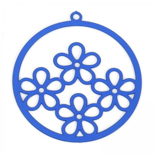 Ps11887186 pax 6 estampes, pendentifs  multi fleurs dans cercle 25mm métal coloris bleu