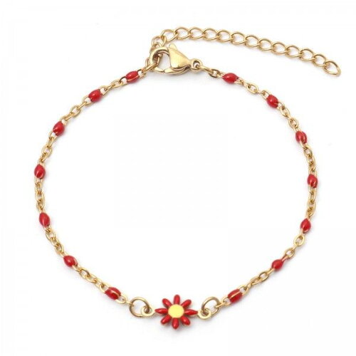 Ps11873175 pax 1 bracelet - marguerite fleur rouge 22 cm- en acier inoxydable 304 -finition doré