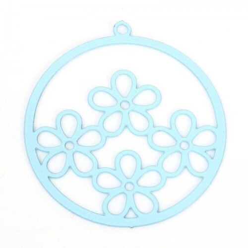 Ps11887183 pax 6 estampes, pendentifs  multi fleurs dans cercle 25mm métal coloris bleu clair