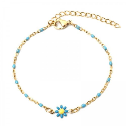 Ps11873173 pax 1 bracelet - marguerite fleur résine émaille bleu 22 cm- en acier inoxydable 304 -finition doré