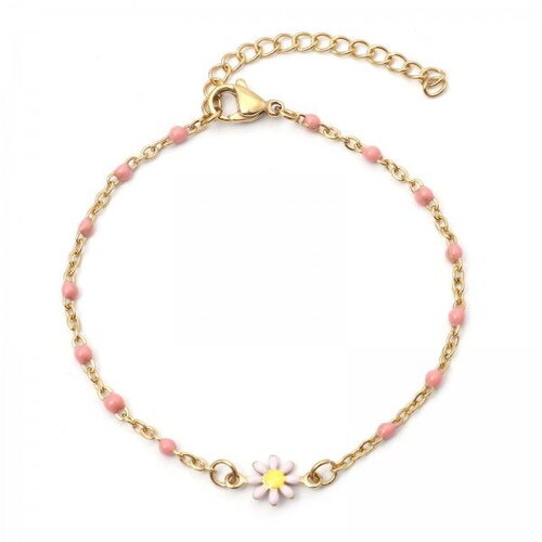 Ps11873174 pax 1 bracelet - marguerite fleur résine émaille rose 22 cm- en acier inoxydable 304 -finition doré