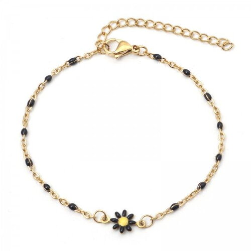 Ps11873172 pax 1 bracelet - marguerite fleur résine émaille noire22 cm- en acier inoxydable 304 -finition doré