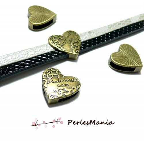 Pax 4 passants slides made with love coeur métal couleur bronze pour cordons lanieres h6403