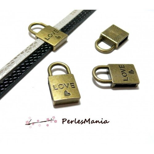Pax 4 passants slides cadenas love coeur métal couleur bronze pour cordons lanieres h6413