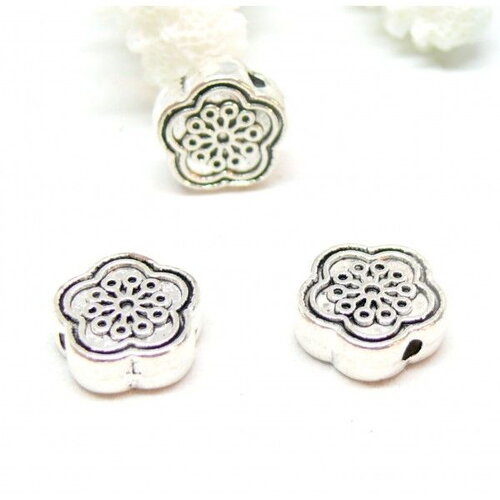 Ps11730532 pax 10 perles intercalaire fleur de sakura biface12 mm métal coloris argent antique