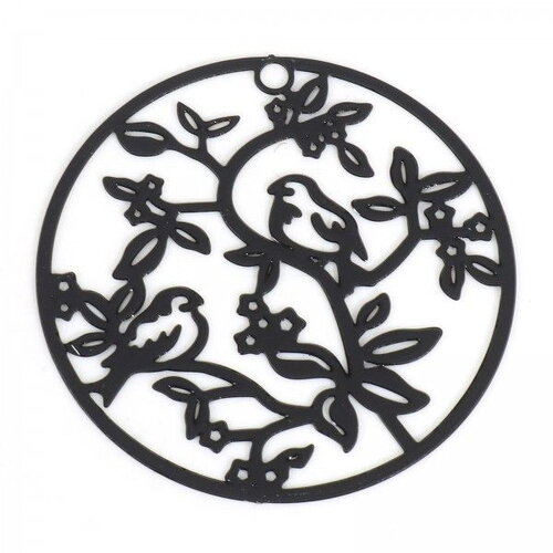 Ps11887260 pax 4 estampes pendentifs oiseau sur branche 31mm métal finition noir