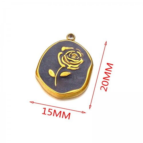 Pps11904553 pax 1 médaillon retro romantique avec rose résine émaillée noire  20mm en acier inoxydable placage doré 18kt