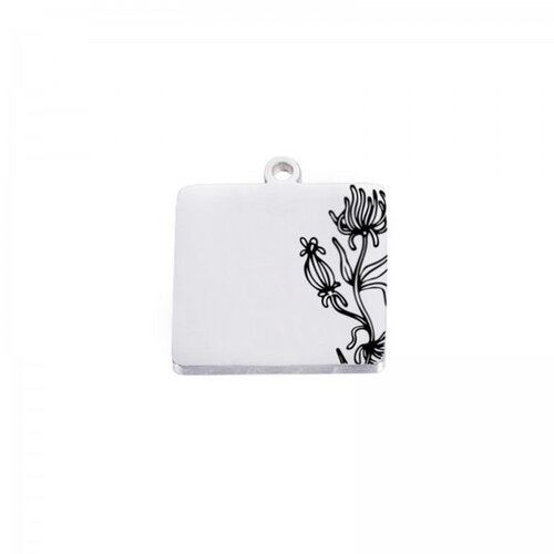 Ps11883626 pax 1 pendentif carré 18 mm avec fleur en acier inoxydable 304 placage argenté