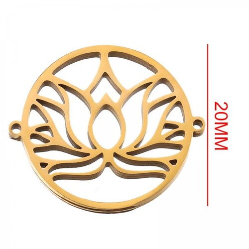 Ps11899724 pax 1 connecteur - fleur de lotus dans médaillon 20mm - en acier inoxydable 304  finition doré