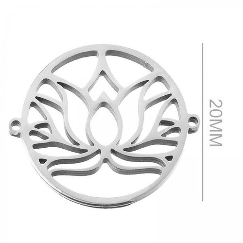 Ps11899738 pax 2 connecteurs - fleur de lotus dans médaillon 20mm - en acier inoxydable 304  finition argent platineia