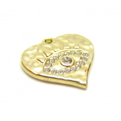 Ps11865645 pax 1 pendentif amulette cœur oeil de la protection  avec strass 15mm - en acier inoxydable 304 finition doré
