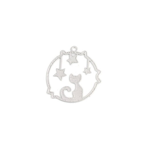 Ps110216702 pax de 6 estampes pendentif filigrane chat etoile 22mm métal couleur argent platine