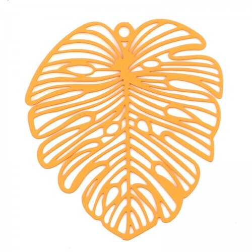 Ps11708863 pax 2 estampes pendentif filigrane feuille exotique, monsterra de 49mm coloris orange