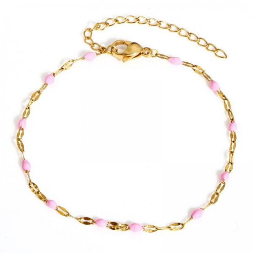 Ps11907663 pax 1  bracelet ajustable 17.5cm avec chaine d'extension maille émaillé rose en acier inoxydable 304 coloris doré