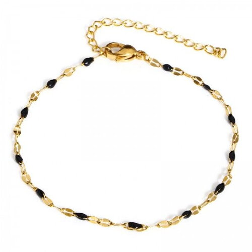 Ps11907664 pax 1  bracelet ajustable 17.5cm avec chaine d'extension maille émaillé noire en acier inoxydable 304 coloris doré