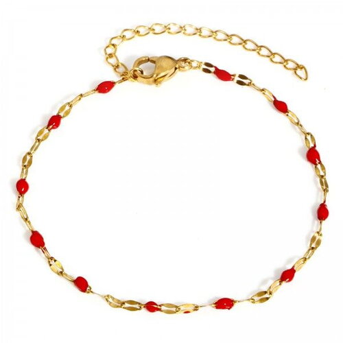 Ps11907661 pax 1  bracelet ajustable 17.5cm avec chaine d'extension maille émaillé rouge en acier inoxydable 304 coloris doré