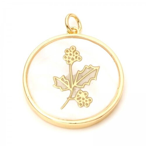 Ps110865374 pax 1 pendentif fleur symbole decembre nacre 22mm  cuivre finition dorée à l'or fin 18kt