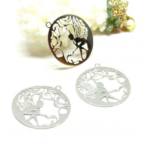 Ps110887138 pax 10 estampes pendentifs fée dans cercle 20mm métal finition argent platine