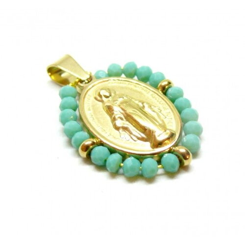 Ps11844759  pax 1 pendentif religieux,  vierge entourée de perles de verre facettée vert d'eau en acier inoxydable 304  doré
