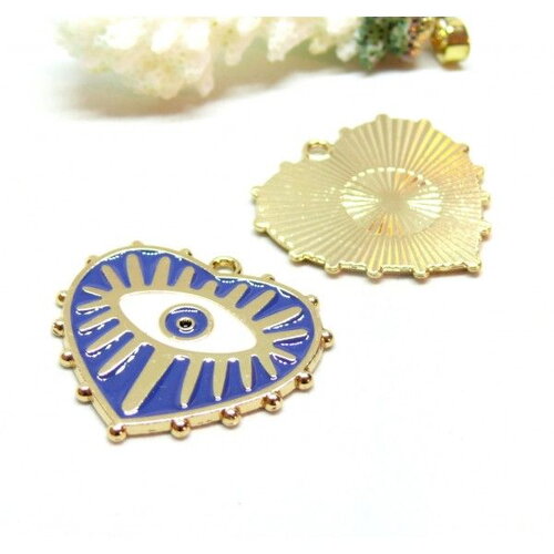 Ps11908195 pax 4 pendentifs médaillons coeur  amulette, oeil de la protection émaillé 28mm bleu royal base doré