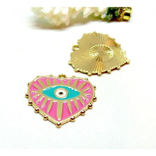 Ps11908197 pax 4 pendentifs médaillons coeur  amulette, oeil de la protection émaillé 28mm rose base doré