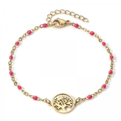 Ps110906288 pax 1 bracelet arbre dans médaillon avec résine style émaillé rose en acier inoxydable 304 finition 18kt