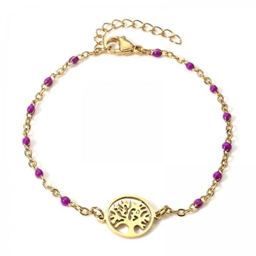 Ps110906287 pax 1 bracelet arbre dans médaillon avec résine style émaillé violet en acier inoxydable 304 finition 18kt