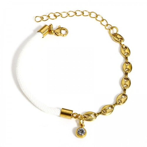 Ps110908429 pax 1 bracelet cordon blanc avec strass et chaine maille marine en  acier inoxydable 304 finition doré