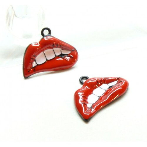 Ps110102847 pax 2 pendentifs bouche résine style  émaillée rouge rock and roll  28mm sur métal noir