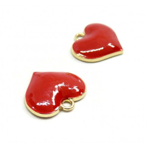 Ps110125980 pax 4 pendentifs médaillons émaillés cœur rouge  18 mm base doré