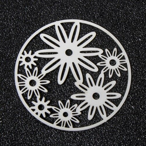 Ps11907987 pax 4 estampes pendentifs fleurs dans cercle 35mm métal finition argent platine