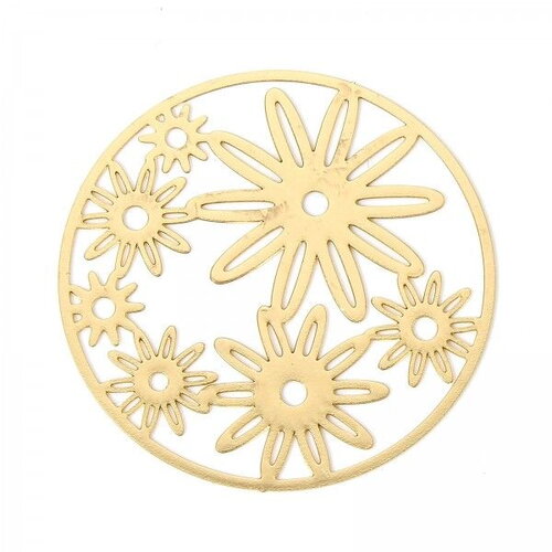 Ps11907986 pax 4 estampes pendentifs fleurs dans cercle 35mm métal finition doré