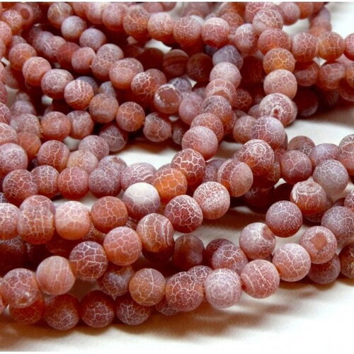 Hf367 lot 1 fil d'environ 48 perles rondes 8 mm, agate craquelée, effet givre, rouge orange coloris 04